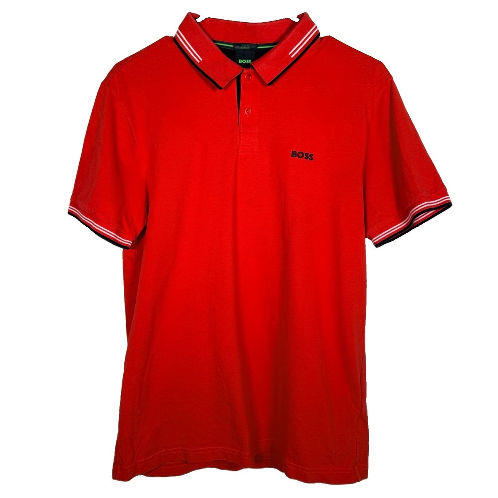 Hugo Boss Paul Polo Shirt Mens M Red Slim Fit Stretch Tipped Collar Jersey